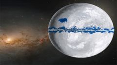 La ilustraci�n muestra la Tierra durante la Edad de Hielo de Marinoan, hace 651- 635 millones de a�os, cuando las capas de hielo cubr�an la mayor parte de la superficie del planeta. El nuevo estudio sugiere la presencia de aguas abiertas en los oc�anos de latitudes bajas y medias en lugar de un planeta completamente congelado.