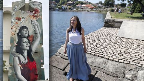 Andrea Pozo, a la derecha, en Nigrán; a la izquierda, en el mural con su cara en un edificio de París