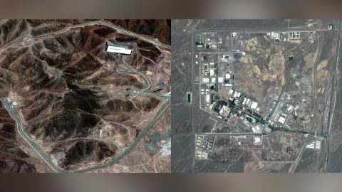 Imágenes satelitales de la planta de Fordow (a la izquierda), bajo una montaña, y la de Natanz, después de un ataque israelí.