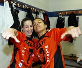 La brasile�a, junto a Peque, celebrando la liga en 2013. 
