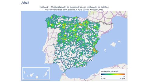 Geolocalizaci�n de siniestros con implicaci�n de jabal�es. V�as interurbanas sin Catalu�a ni Pais Vasco. Periodo 2022