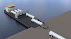 Simulaci�n del sistema, con la barcaza atracada y los camiones cisterna cargados con GNL llegando a puerto