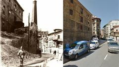 A la izquierda, el tramo de la muralla de Oviedo en la calle Jovellanos que se termin de eliminar en 1937. A la derecha, el mismo lugar actualmente, donde se ve la cara norte del monasterio de Las Pelayas