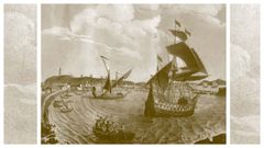 A armada de Garc�a Jofre de Loaysa sa�ndo da Coru�a cara �s Molucas en 1525 (litograf�a de 1854).