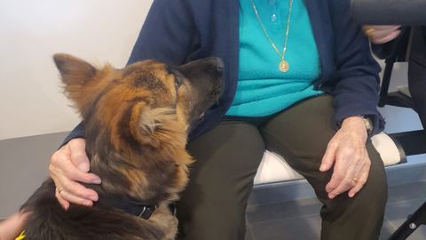 Una residente con Monty, el perro de la canoterapia