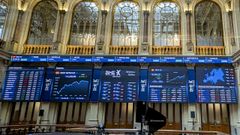 Paneles informativos de la Bolsa de Madrid, este jueves