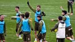 Fubolistas del Celta, en un entrenamiento en la Cidade Deportiva Afouteza.