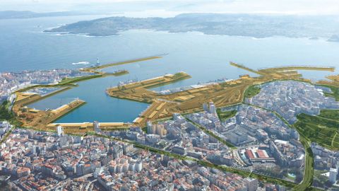 Imagen en la que se aprecia la superficie de actuaci�n por el proyecto Coru�a Mar�tima en los muelles as� como los corredores verdes que conectar�n la zona con la malla urbana�de la ciudad