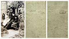 Rosal�a retratada con Murgu�a e os fillos na Casa da Matanza. E detalle dos documentos que recollen a declaraci�n da poeta como contraente para a voda con Murgu�a.