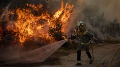Labores de extinci�n de un incendio forestal en Ourense.