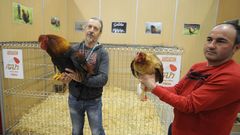 Dos de los criadores de Agalpi sostienen un gallo y una gallina pi�eira