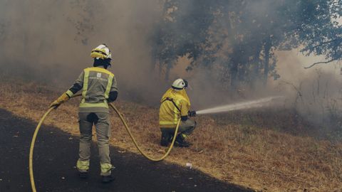 Varios bomberos trabajando en la extinción de uno de los incendio de Ourense, en Seixalbo.