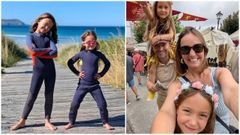 La familia DeMarco, a la derecha en el mercado medieval de Corcubi�n el pasado julio. A la izquierda, las dos hijas, aficionadas al surf en la playa de Nemi�a.