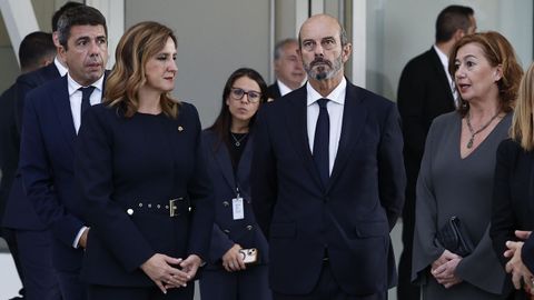 El presidente del Senado, Pedro Rollán, la presidenta el Congreso, Francina Armengol, y el presidente de la Generalitat valenciana, Carlos Mazón