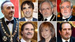 De izquierda a derecha y de arriba a abajo, Manuel Marchena, presidente del tribunal y ponente de la sentencia; Antonio del Moral, fiscal por oposici�n, ejerci� en el Supremo desde 1999 hasta el 2012, cuando fue nombrado juez; Luciano Varela, hist�rico fundador de la progresista Jueces para la Democracia, fue el encargado de redactar el proyecto de la Ley del Jurado en 1994; Juan Ram�n Berdugo, magistrado del Supremo desde wl 2004; Andr�s Palomo, el �ltimo magistrado en incorporarse al tribunal del desaf�o independentista; Ana Ferrer, la �nica mujer del tribunal, la primera mujer que presidi� la Audiencia Provincial de Madrid y cinco a�os despu�s, en el 2014, la primera en acceder a la Sala de lo Penal del Supremo; y Andr�s Mart�nez Arrieta.