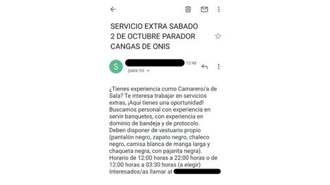 Oferta laboral para servicio extra en Cangas de Ons