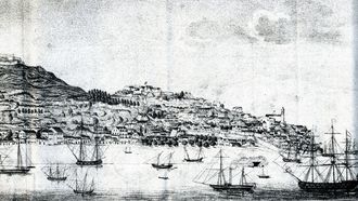 Grabado de Vgo que muestra el aspecto de la ciudad a mediados del siglo XIX