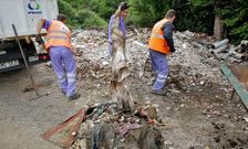 Operarios de Urbaser retirando, el pasado mes de mayo, escombros tirados en Ar�ns.
