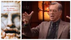 Joseph Campbell, en una entrevista televisiva. A la izquierda, portada de �El h�roe de las mil caras�