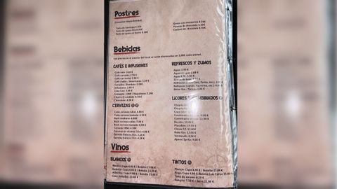 Carta de precios del local