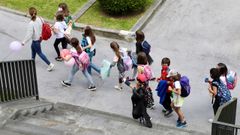 Un grupo de ni�os con mascarilla este jueves en la plaza de Espa�a de Oviedo