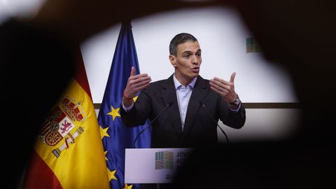 El titular del Ejecutivo, Pedro S�nchez, esta ma�ana durante la presentaci�n de las medidas para facilitar el acceso a la tierra