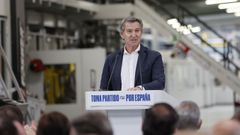 El presidente del PP, Alberto Núñez Feijoo, durante un acto con trabajadores autónomos en Cartonajes Izquierdo-Insoca, Polígono Industrial Las Casas, Soria.