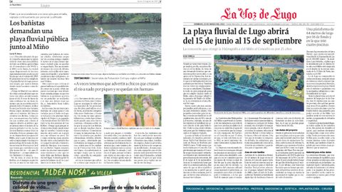La apertura de una playa fluvial es algo que los lucenses comenzaron a demandar en el a�o 2007, fecha en la que se public� la noticia que se puede ver en la imagen de la esquina inferior izquierda. En los a�os venideros se intent� en varias ocasiones conseguir sacar el proyecto adelante, como se puede ver en la fotograf�a de abajo a la derecha, que data del 2022, y en la que se informa de la aparente apertura del arenal, cosa que no acab� sucediendo.