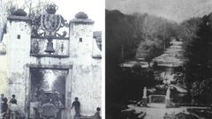 A la izquierda, antigua entrada en el siglo XIX a la fbrica de Neda; a la derecha, los jardines del interior fabril