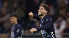 El jugador del Celta Javi Rueda, celebrando su gol ante el Lyon.