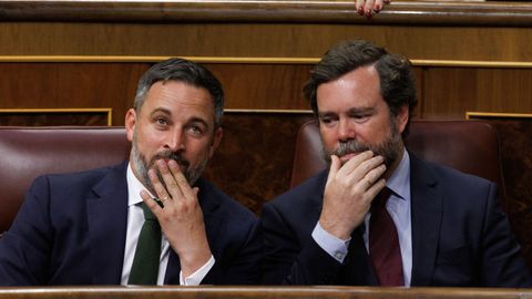 Santiago Abascal y el exportavoz de la formaci�n en el Congreso, Iv�n Espinosa de los Monteros, durante un debate de la moci�n de censura presentada por Vox.