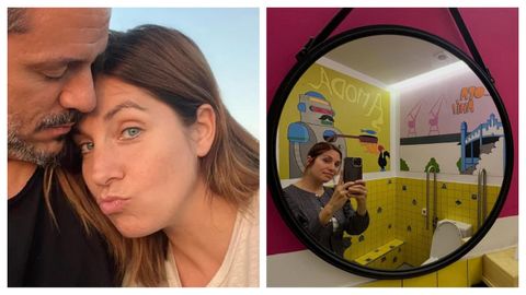 Leire Martnez, a la izquierda con su marido Miguel Sueiras; y a la derecha en un bar con decoracin ferrolana