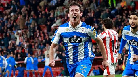 Dani Barcia, celebrando el vital gol ante el Sporting, en Gij&oacute;n