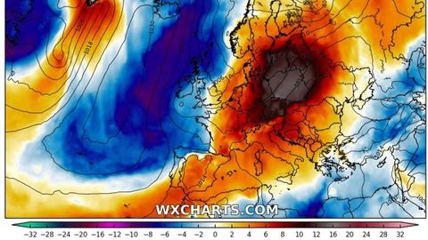 Mapa de latemperatura del aire a 1.500 metros el pasado 20 de septiebre. Una masa de aier fro afecta a Galicia mientrsa una clida al resto de Espaa y Europa