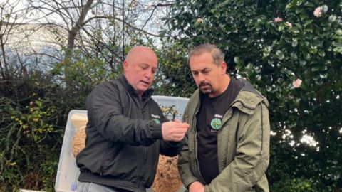 El bi�logo gaditano Rub�n C�sar, de Serpa C�diz, y Jos� Mar�a V�zquez, de Serpa Viveiro, analizando las caracter�sticas de una avispa velutina reina