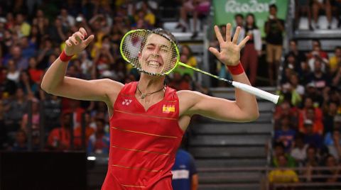 Carolina Mar�n celebra su medalla de oro al vencer a la india Pusarla Sindhu.