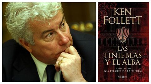 A la izquierda, el escritor Ken Follett, retratado por Benito Ordez. A la derecha, portada de su ltima novela, Las tinieblas y el alba, que edita Plaza y Jans