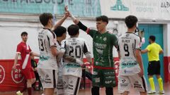 Los blancos celebran en el pabell�n del Albolote uno de los tantos conseguidos.