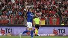 El jugador del Oviedo Nacho Vidal celebra un gol durante el partido de ida de la primera eliminatoria de la fase de ascenso a Primera División que UD Almería y Real Oviedo disputan este sábado en Almería.