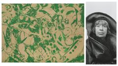 Detalle de Sirena, leo sobre lienzo elaborado por Lee Krasner en 1966. A la derecha, retrato de la artista de Brooklyn realizado por el fotgrafo Irving Penn en Nueva York, en 1972