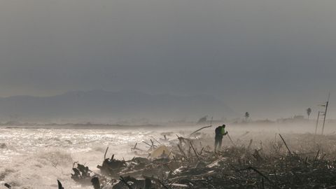 Búsqueda de víctimas en la playa del Saler, cerca de Valencia, donde se amontona basura arrastrada por la dana