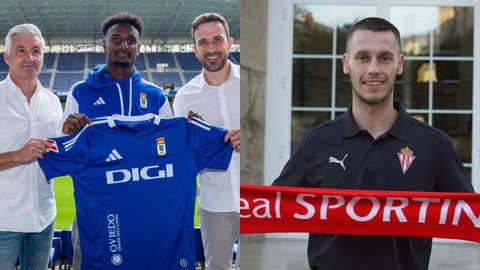 Hassan posa con la camiseta del Real Oviedo mientras Dubasin lo hace con la bufanda del Real Sporting