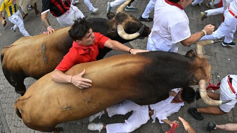 Un mozo corre entre dos de toros de la ganader�a gaditana de La Palmosilla a su paso por el tramo de Telef�nica