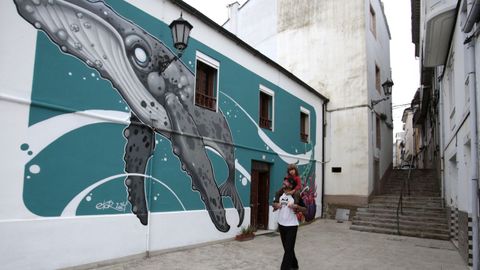 Vista de la ballena gigante pintada por Fernndez Toral en una casa de Celeiro