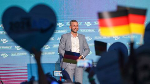El candidato regional Ulrich Siegmund, del partido ultraderechista AfD, este s&aacute;bado en el &uacute;ltimo mitin antes de las elecciones en Sajonia-Anhalt.