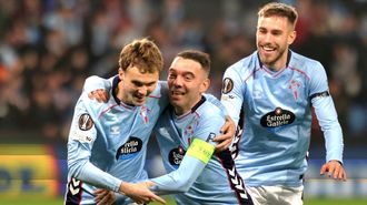 Swedberg, Aspas y Mingueza festejan uno de los goles del Celta en Liga Europa