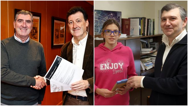 Jesus Carreira, ganador del premio de m�s de 16 a�os, lo recibe de manos de Diego P�rez, delegado de La Voz en Vigo. A la derecha, Irene Rioseco con el delegado de La Voz en Ferrol, Andr�s Vell�n.