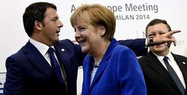 Renzi parece sealar el camino de vuelta que debe seguir Merkel; ambos, ayer, durante una cumbre en Miln, junto a Barroso. 