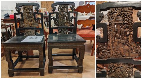 Juego de dos sillas chinas de la dinast�a Qing, principios del siglo XX, que se vende por 375 euros, la mitad del precio en que se adjudic� en una subasta. A la derecha, detalle del trabajo del respaldo