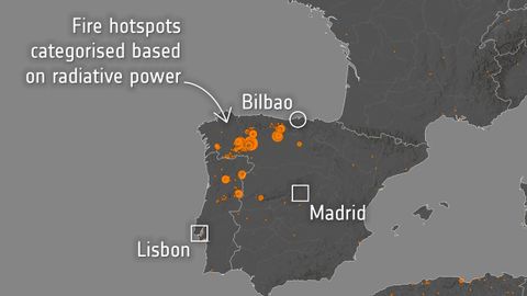 Los puntos más calientes del fuego según el poder radiactivo, en un gráfico del 17 de agosto